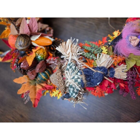 Handcrafted Fall Wreath With Mini Scarecrow & Witch Decor Straw Base Autumn Leav - Picture 10 of 14